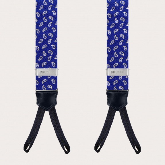 BRUCLE Elegante Seiden-Hosenträger mit Knopflöchern, königsblaues Paisley-Muster