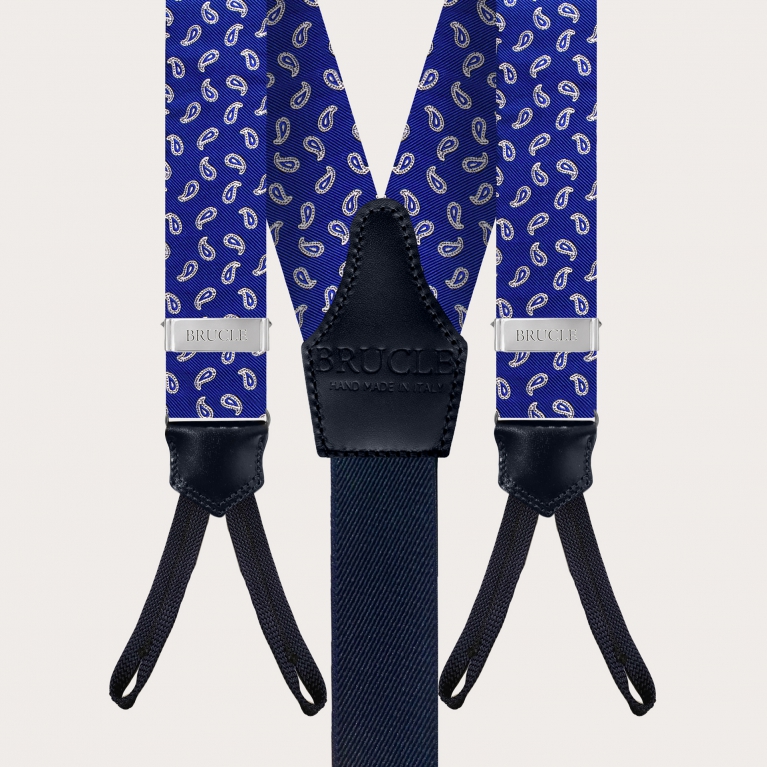 Bretelles élégantes en soie avec boutonnières, motif paisley bleu roi