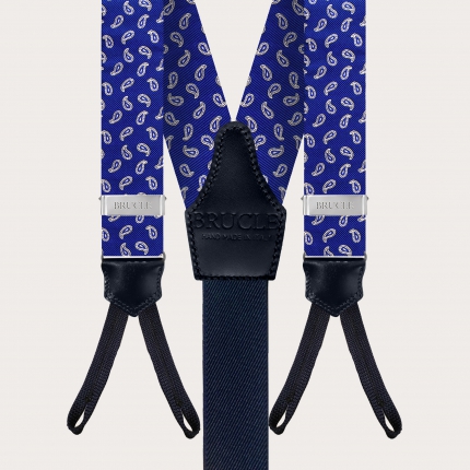 Elegantes tirantes de seda con ojales, estampado paisley azul royal