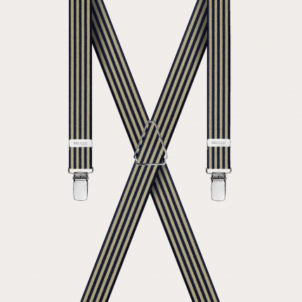 X-shaped suspenders with striped pattern, blue and yellow