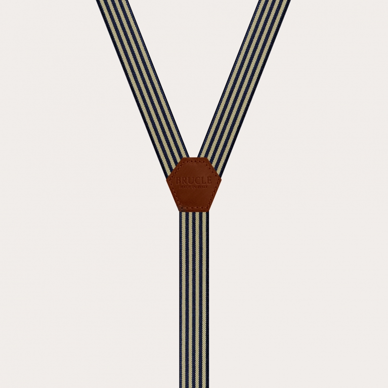 Elegant men's and women's Y-shaped suspenders with striped pattern, blue and yellow
