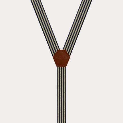 Elegante Herren- und Damen-Hosenträger in Y-Form mit Streifenmuster, blau und gelb