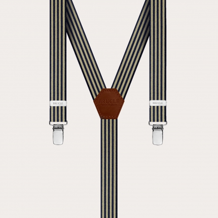 Bretelles élégantes en forme de Y pour hommes et femmes avec motif rayé, bleu et jaune