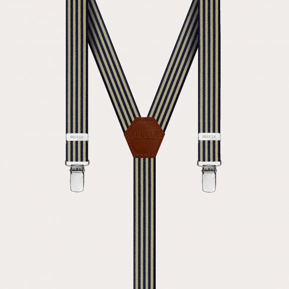 BRUCLE Unisex Y-shaped suspenders for children and teenagers with striped blue and yellow pattern