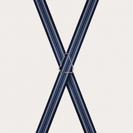 Bretelles en X élastiques à rayures, tons bleus et bleu clair