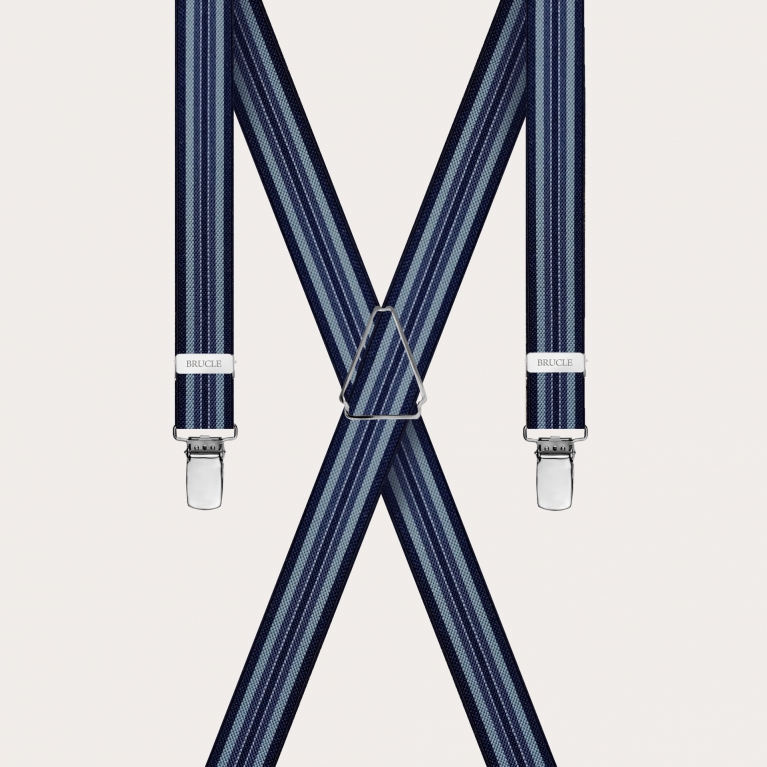 Gestreifte elastische Hosenträger in X-Form, Blau- und Hellblautöne