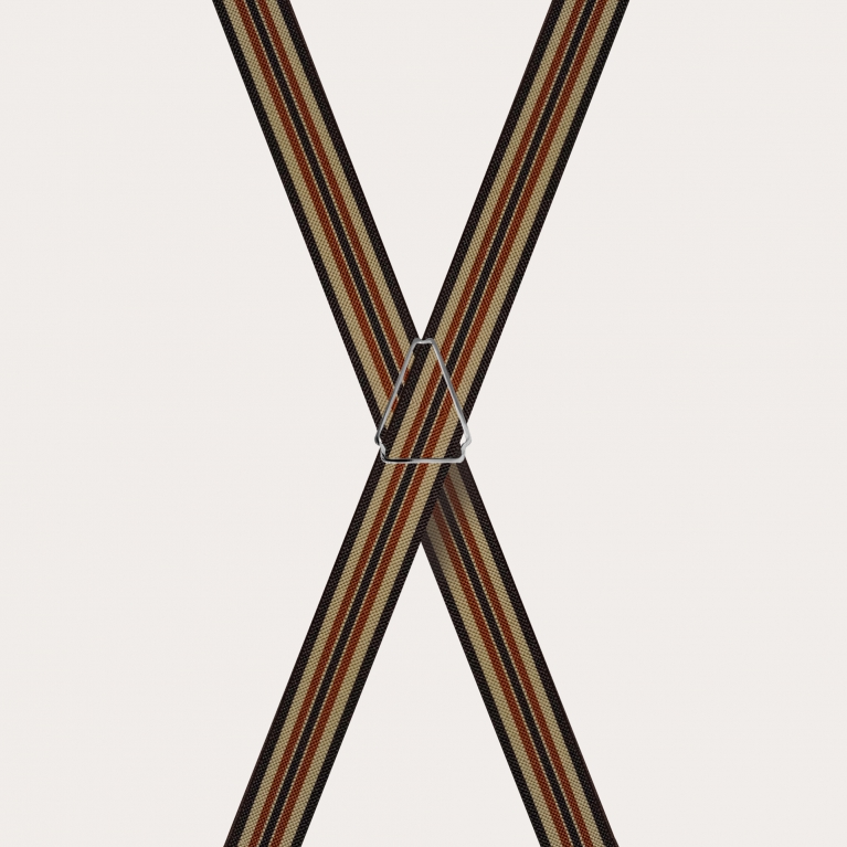 Bretelle a X elastiche a righe, marrone e kaki