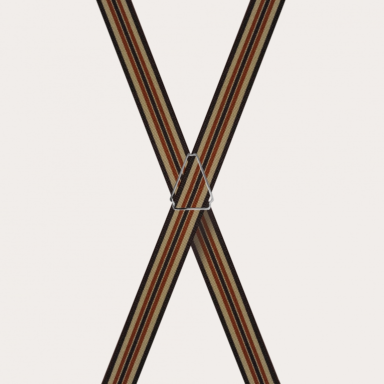 Striped elastic X-shaped suspenders, brown and khaki
