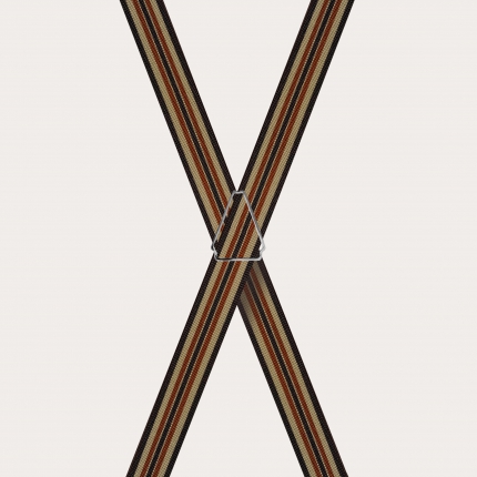 Striped elastic X-shaped suspenders, brown and khaki