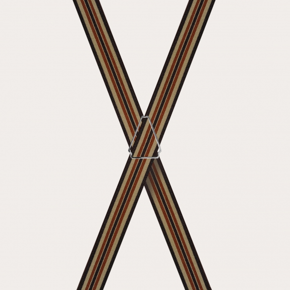 BRUCLE Gestreifte elastische Hosenträger in X-Form, braun und khaki