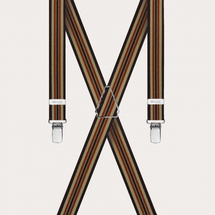 Striped elastic X-shaped suspenders, brown and khaki