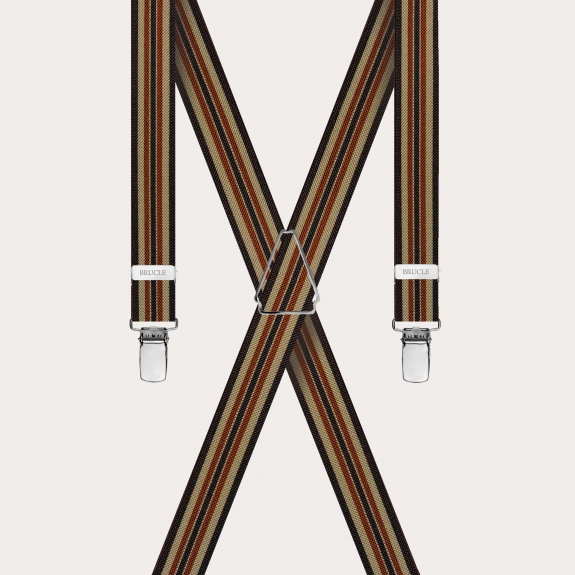 BRUCLE Striped elastic X-shaped suspenders, brown and khaki