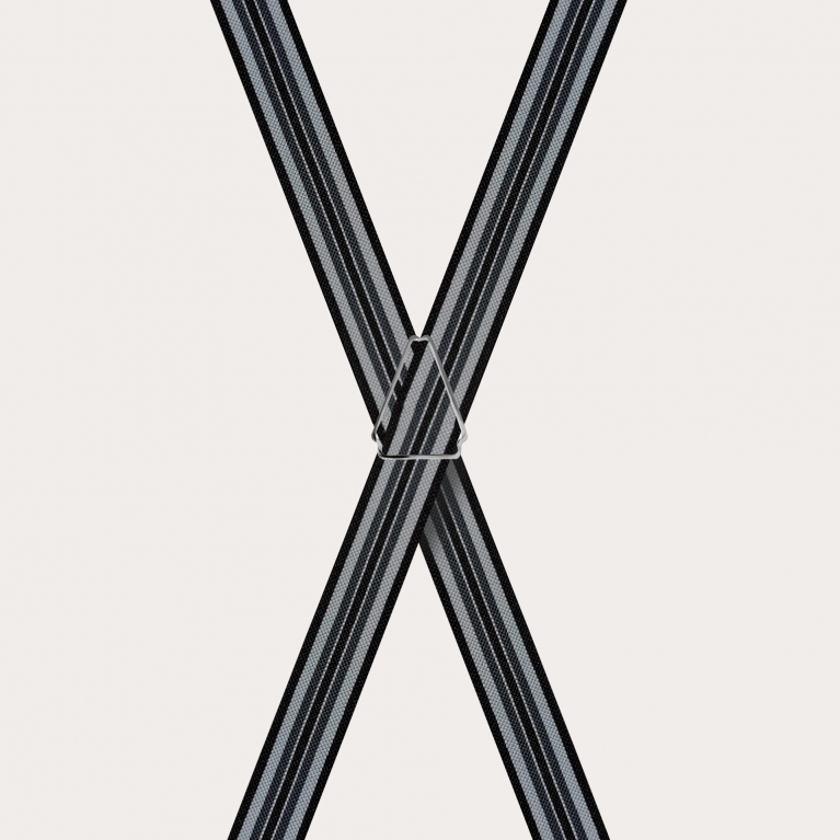 Elegantes tirantes en forma de X a rayas, tonos negros y grises