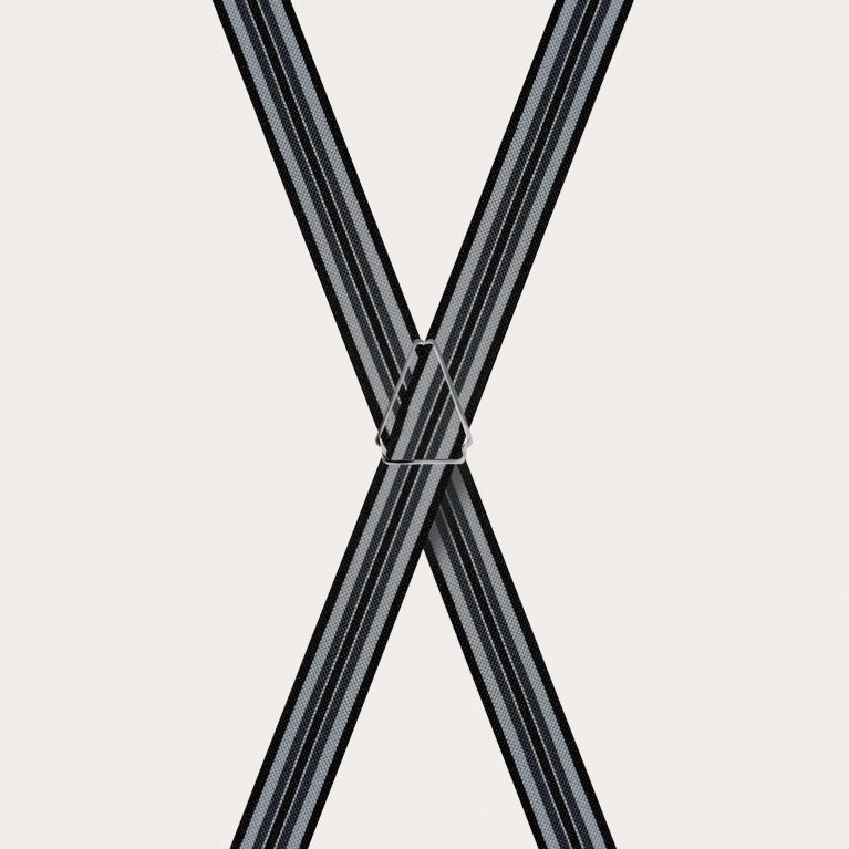 Stylische gestreifte Hosenträger in X-Form in Schwarz- und Grautönen