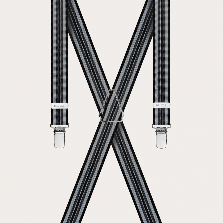 Stylische gestreifte Hosenträger in X-Form in Schwarz- und Grautönen
