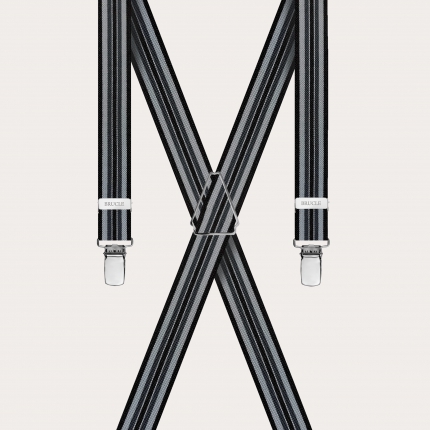 Stylische gestreifte Hosenträger in X-Form in Schwarz- und Grautönen