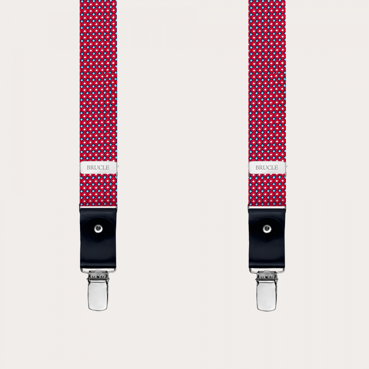 BRUCLE Bretelles fines en soie jacquard, motif géométrique rouge et bleu