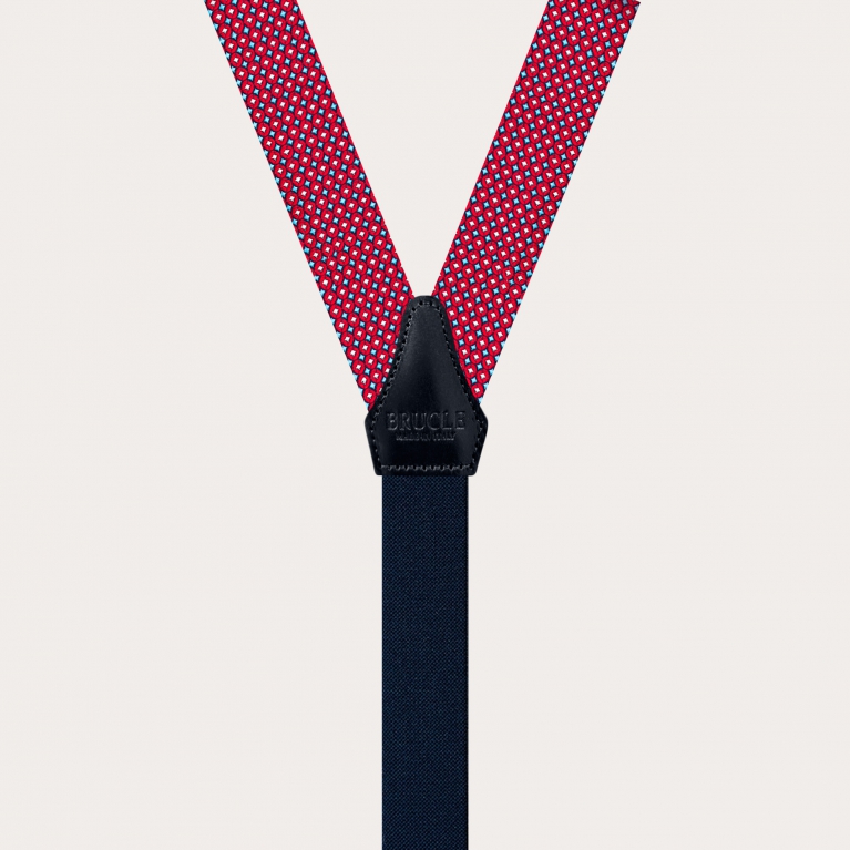 Bretelles fines en soie jacquard, motif géométrique rouge et bleu