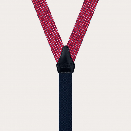 Thin suspenders in jacquard silk, red and light blue geometric pattern
