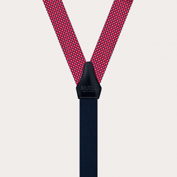 BRUCLE Thin suspenders in jacquard silk, red and light blue geometric pattern