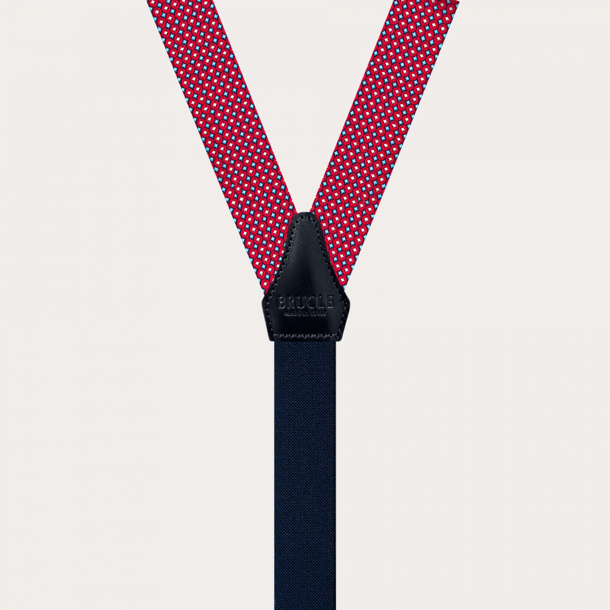 BRUCLE Thin suspenders in jacquard silk, red and light blue geometric pattern