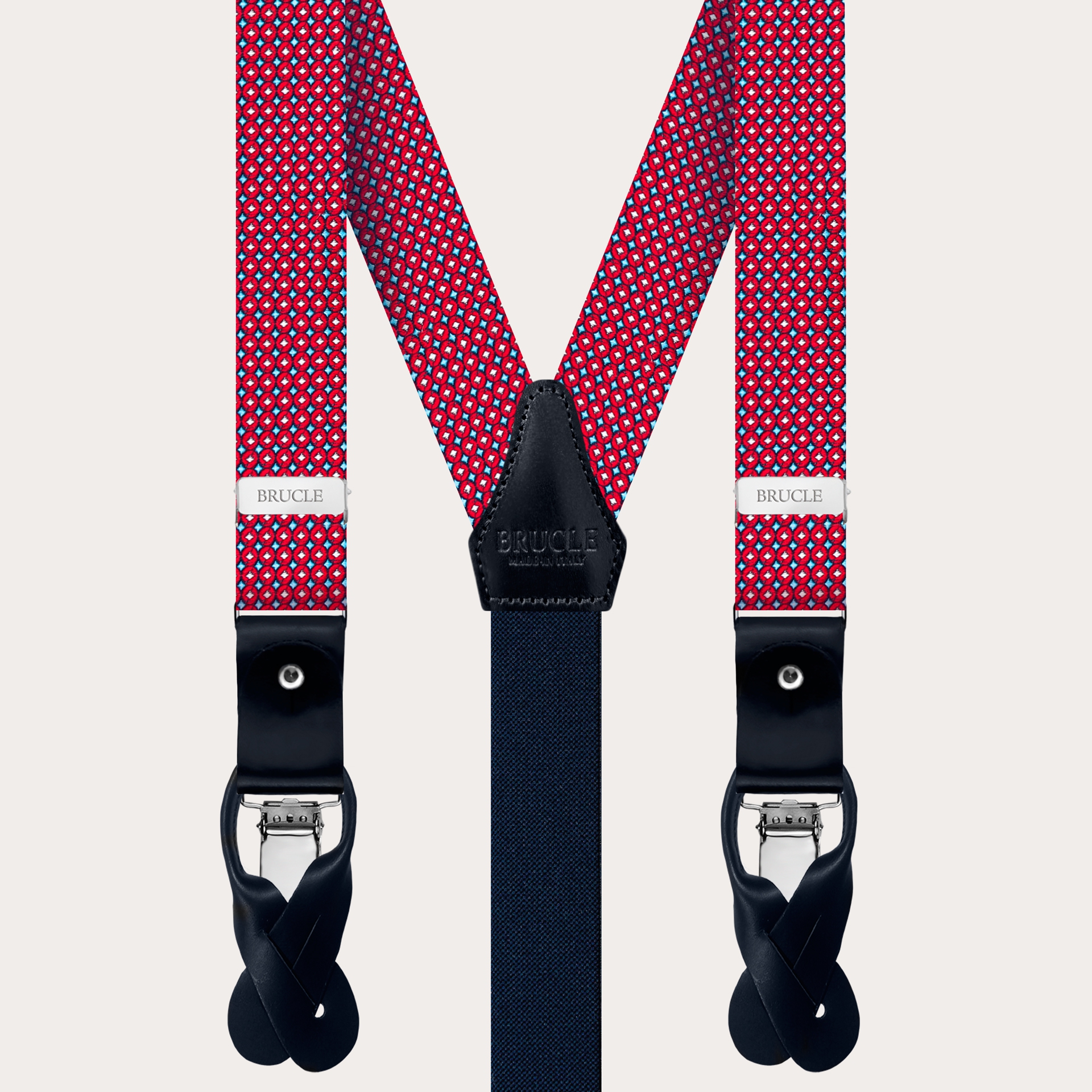 BRUCLE Thin suspenders in jacquard silk, red and light blue geometric pattern