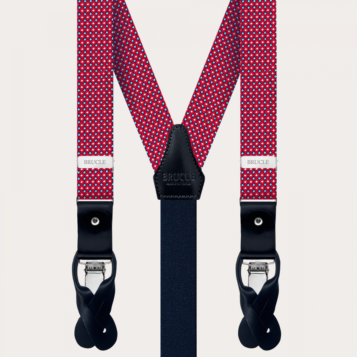 BRUCLE Dünne Hosenträger aus Jacquard-Seide, rotes und blaues geometrisches Muster