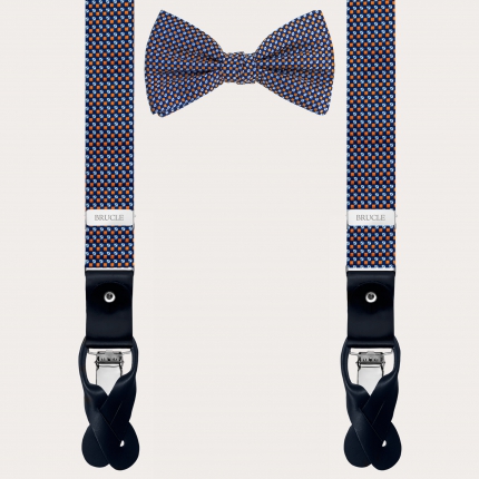 Suspenders and bow tie coordinated in silk, blue and orange pattern