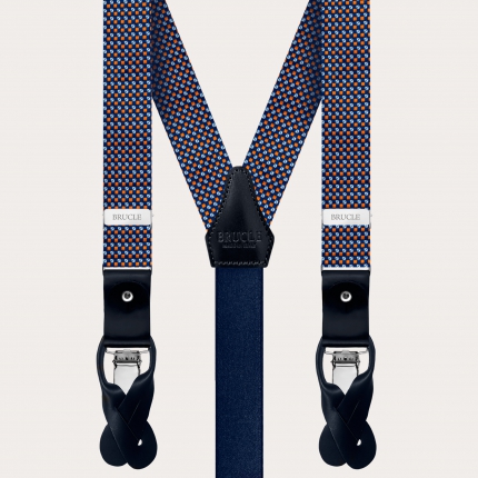 Suspenders and bow tie coordinated in silk, blue and orange pattern