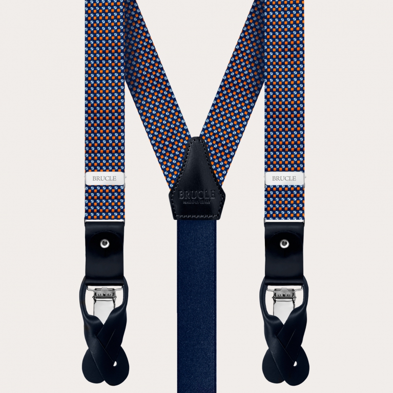 Coordinated silk suspenders and necktie, in multicolored geometric patterned