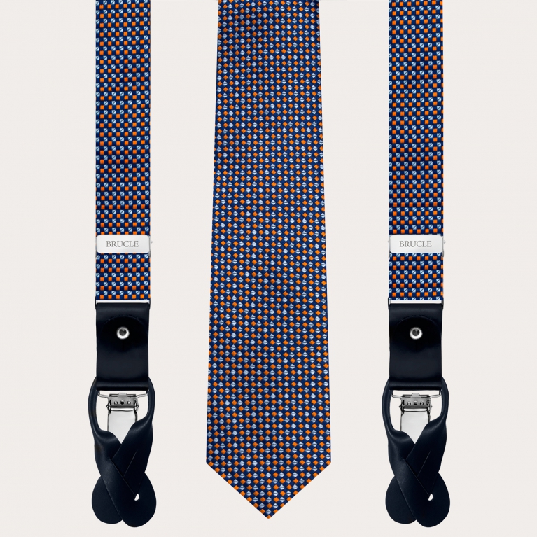 Bretelles et cravate en soie coordonnées, à motifs géométriques multicolores