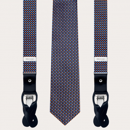 Bretelle e cravatta coordinate in seta, fantasia blu e arancione