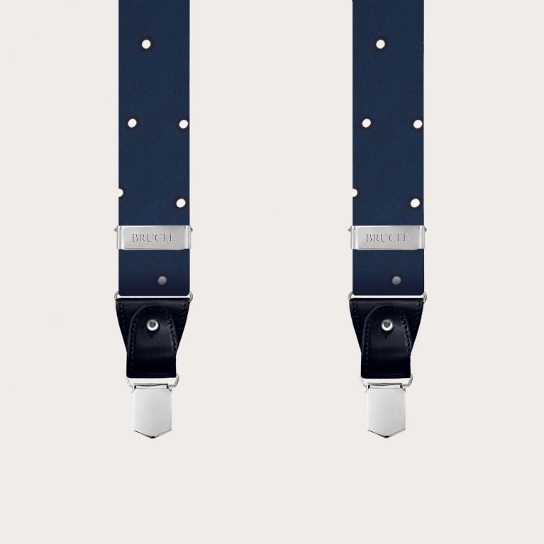 Elegant blue silk suspenders with white polka dot motif
