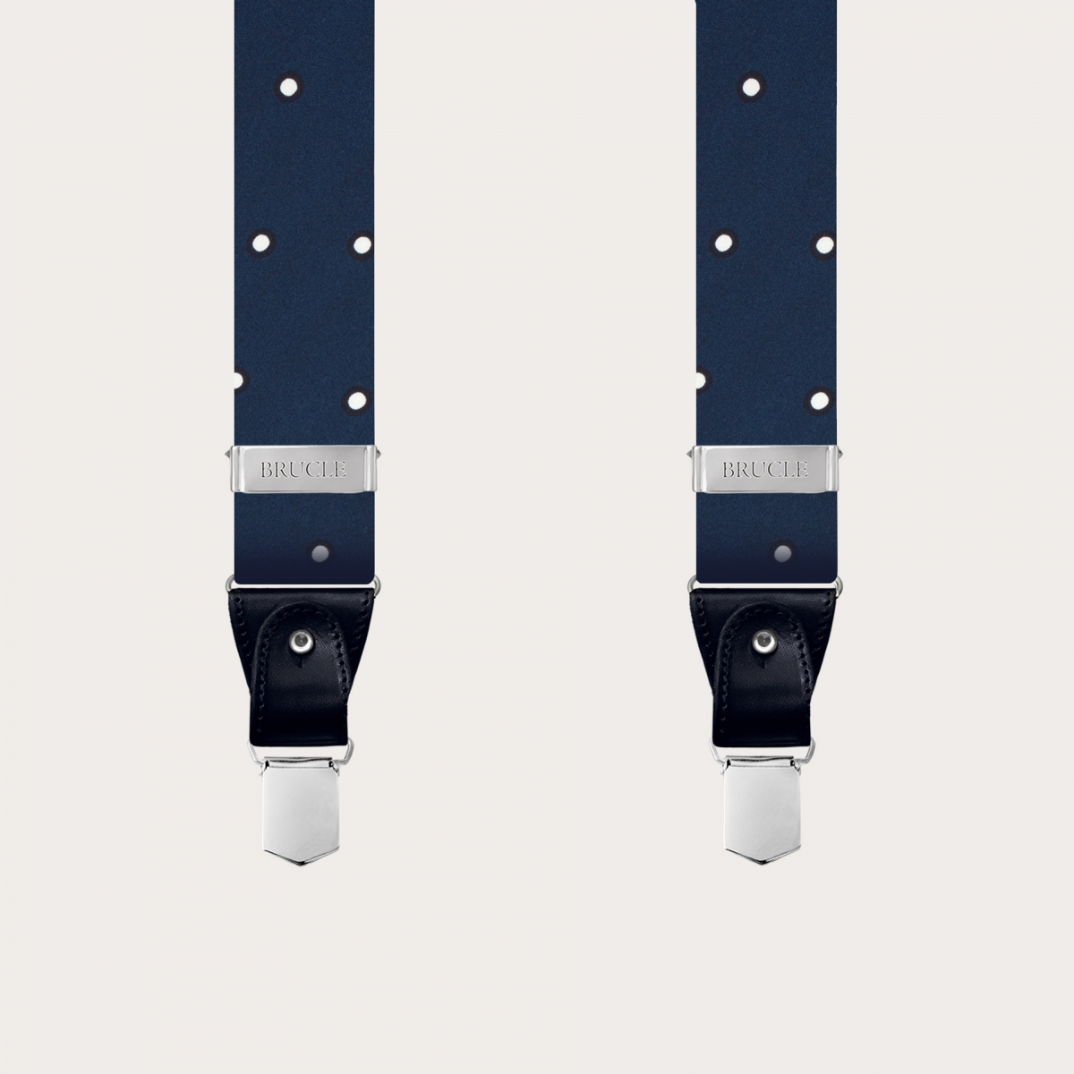 BRUCLE Elegant blue silk suspenders with white polka dot motif