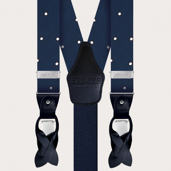 BRUCLE Bretelles élégantes en soie bleue avec motif à pois blancs