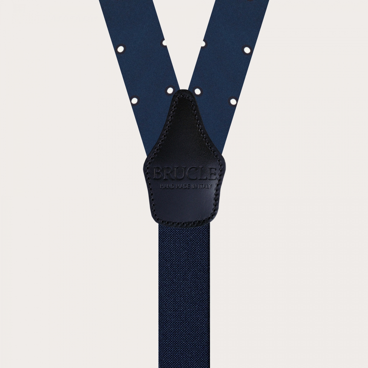 BRUCLE Elegant blue silk suspenders with white polka dot motif