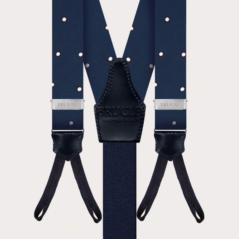 Elegant silk suspenders with buttonholes, blue with white polka dot pattern