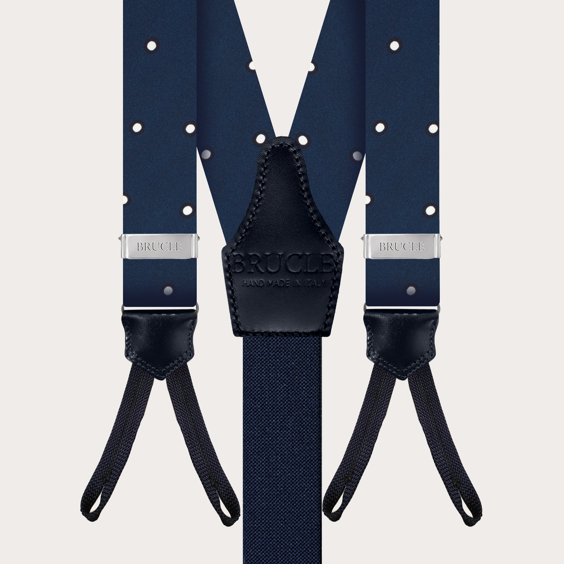 BRUCLE Elegante Seiden-Hosenträger mit Knopflöchern, blau mit weißem Tupfenmuster