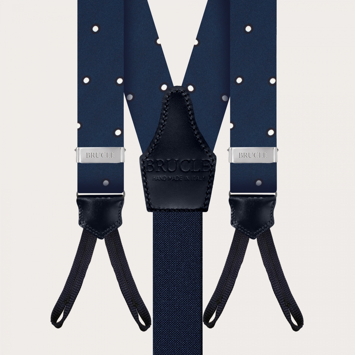 BRUCLE Elegante Seiden-Hosenträger mit Knopflöchern, blau mit weißem Tupfenmuster