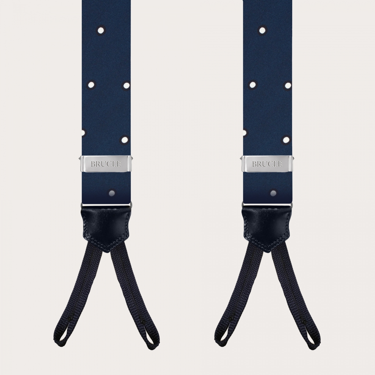 BRUCLE Elegant silk suspenders with buttonholes, blue with white polka dot pattern