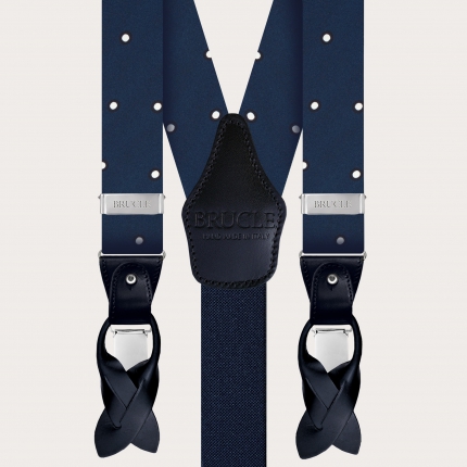 Set of suspenders and bow tie in blue silk with white polka dot pattern