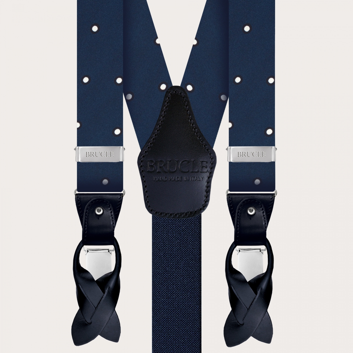 BRUCLE Set of suspenders and bow tie in blue silk with white polka dot pattern