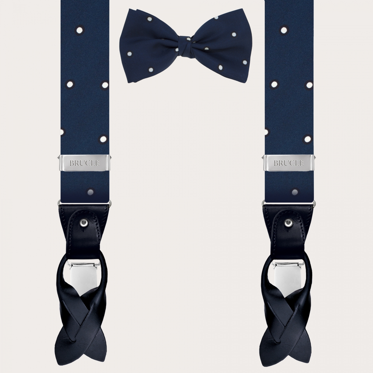 BRUCLE Set of suspenders and bow tie in blue silk with white polka dot pattern