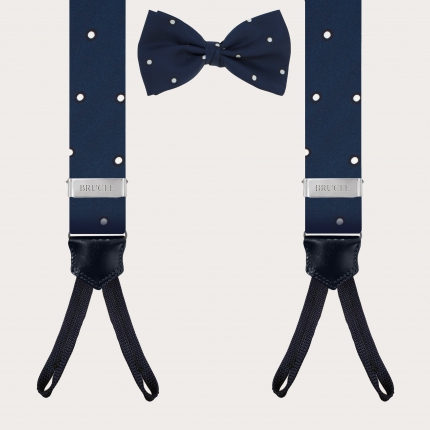 Set of suspenders with buttonholes and bow tie in blue silk with white polka dot pattern