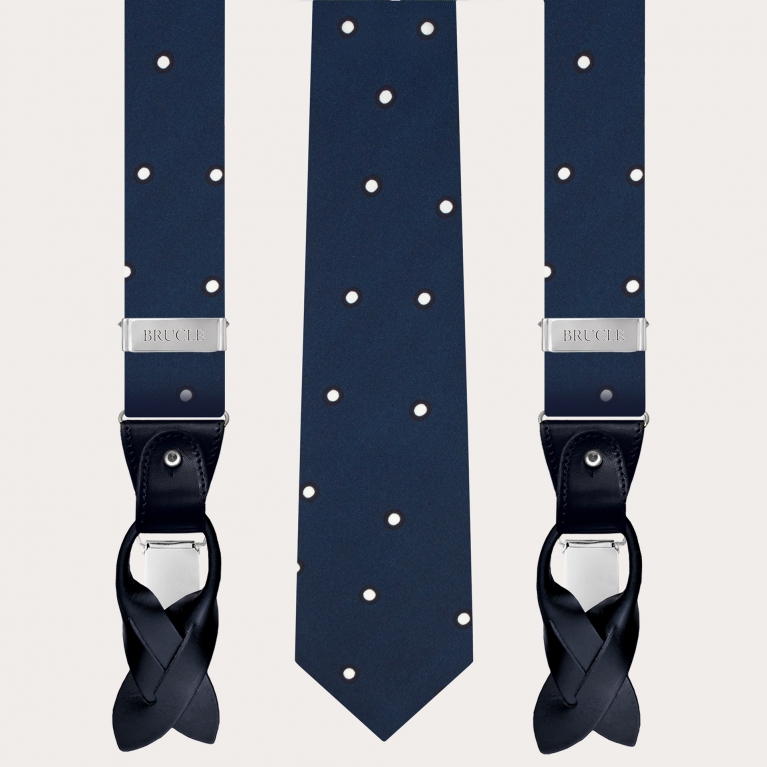 Ensemble raffiné bretelles et cravate, soie bleue à pois blancs