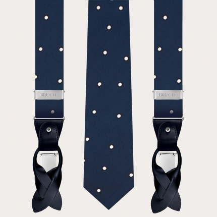 Raffinato set di bretelle e cravatta, seta blu a pois bianchi