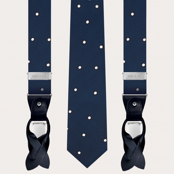 Refinado conjunto de tirantes y corbata, seda azul con lunares blancos.