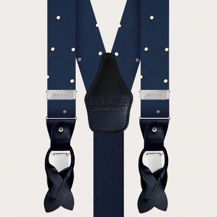 Raffinato set di bretelle e cravatta, seta blu a pois bianchi