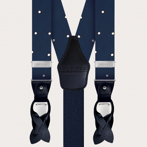 Refinado conjunto de tirantes y corbata, seda azul con lunares blancos.
