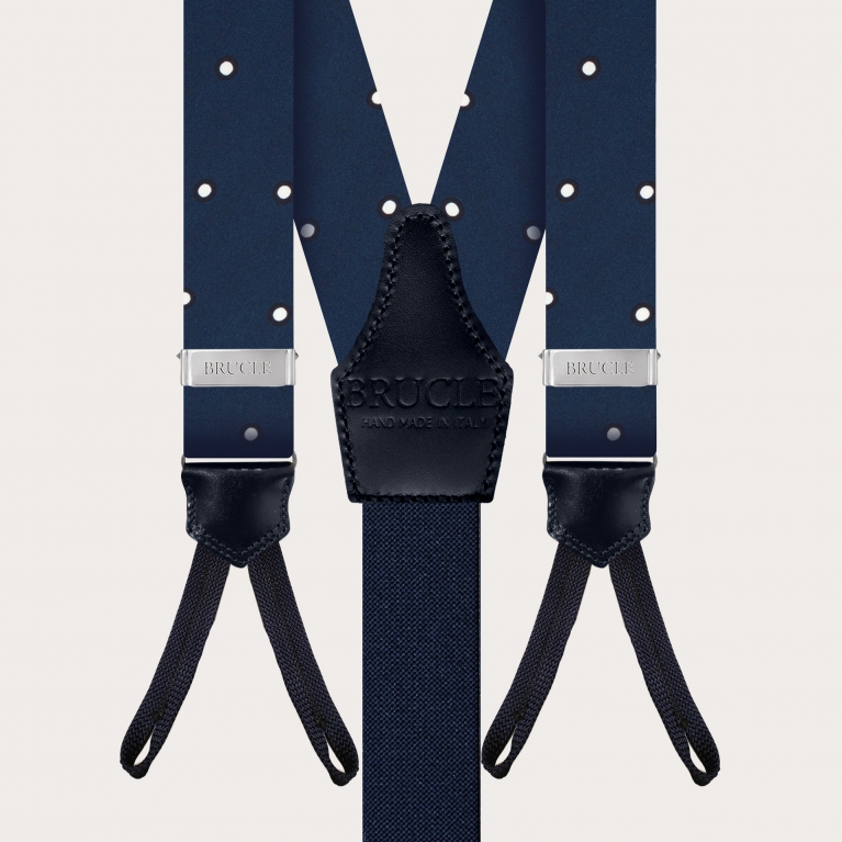 Refined set of suspenders with buttonholes and tie, blue silk with white polka dots